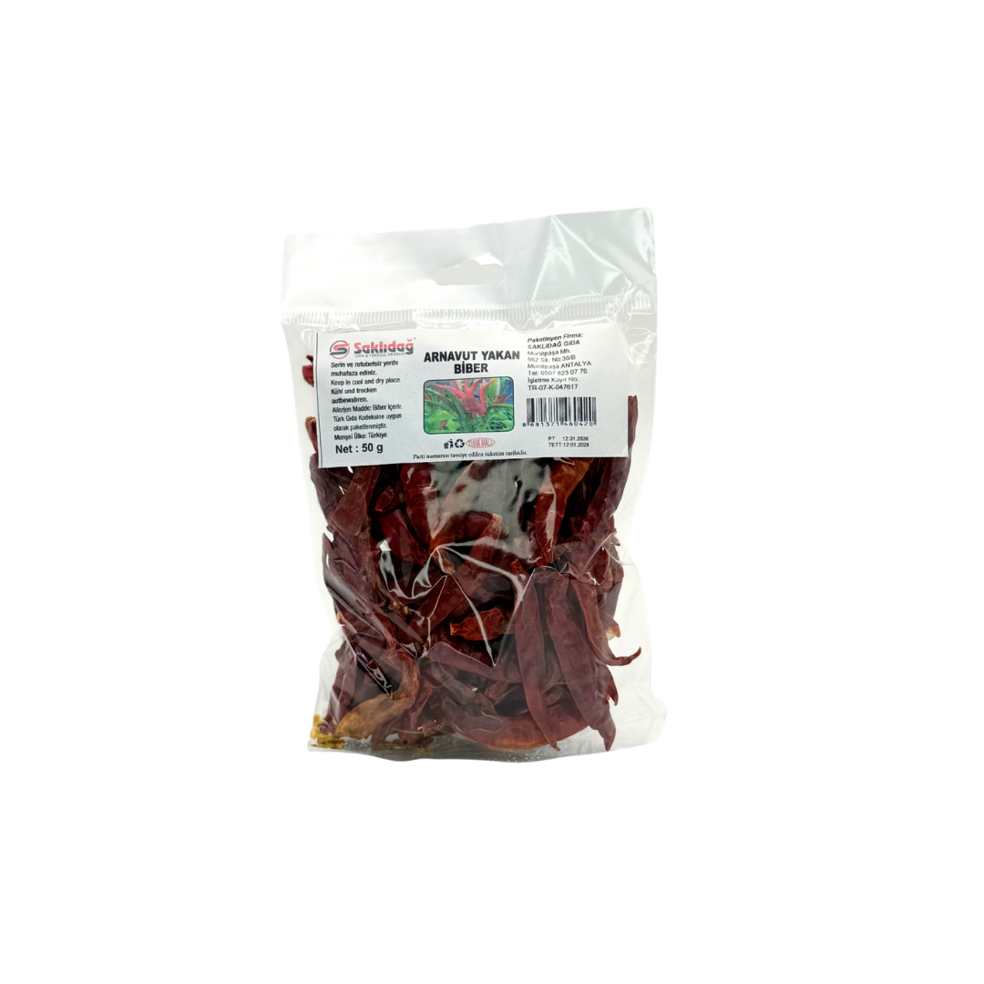 Saklıdağ Arnavut Yakan Biber | %100 Doğal ve Acı | Kurutulmuş Tam Biber | Yöresel Lezzet | 50 g
