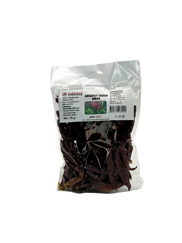 Saklıdağ Arnavut Yakan Biber | %100 Doğal ve Acı | Kurutulmuş Tam Biber | Yöresel Lezzet | 50 g